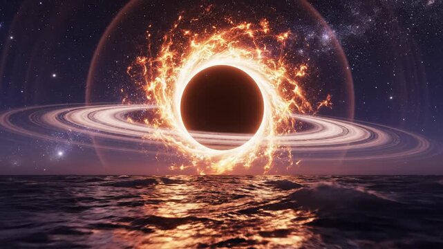 Cosmic black hole with fiery accretion disk over reflective ocean surface