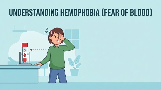 Vector Illustration of Hemophobia Concept with Scared Woman and Blood Vial