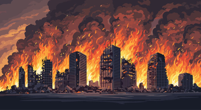 Dramatic pixel art depiction of a modern city skyline completely engulfed in massive flames and thick dark smoke.
