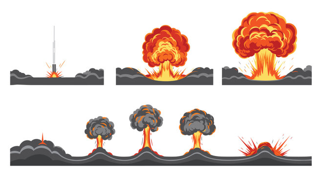 Sequential set of atomic explosion illustrations showing various stages from the initial blast to massive orange mushroom clouds.