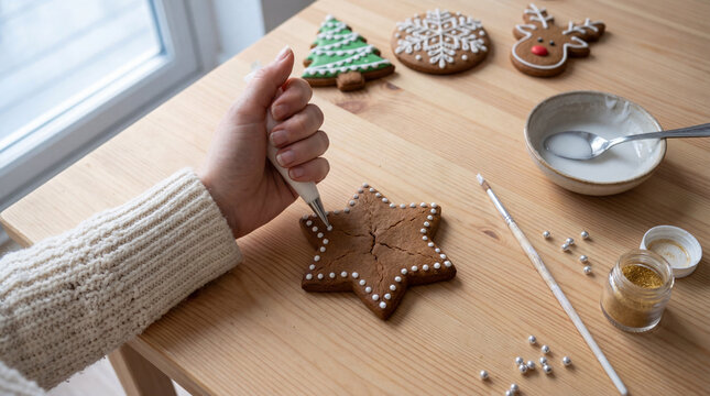Hand decorating a star shaped gingerbread cookie with icing on a wooden table