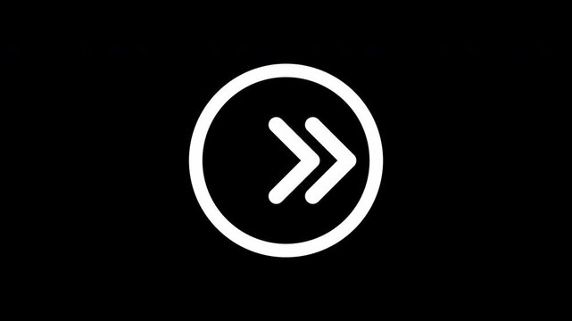 Animated White Double Right Arrow Line Icon with Alpha Channel, Minimal UI Fast Forward and Skip Button on Transparent Background