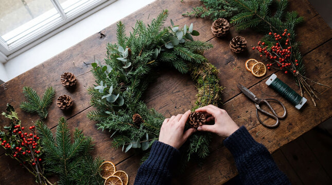 Hands decorating a natural Christmas wreath with pinecones on a rustic wooden table