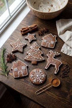 Assorted Christmas gingerbread cookies arranged on rustic wooden baking table
