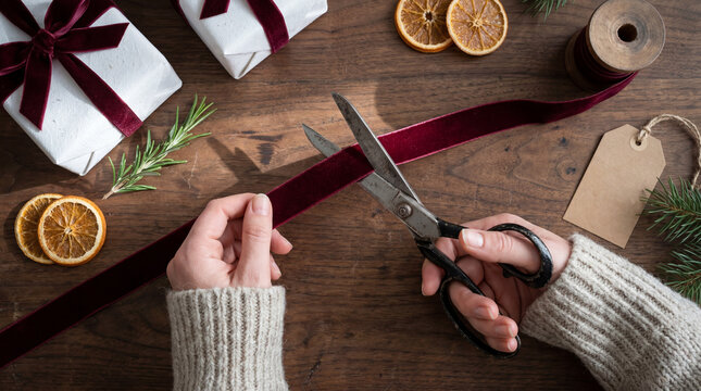 Hands cutting velvet ribbon for Christmas gift wrapping on wooden table