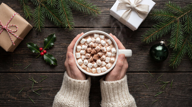 Hands holding hot chocolate with marshmallows among Christmas decorations