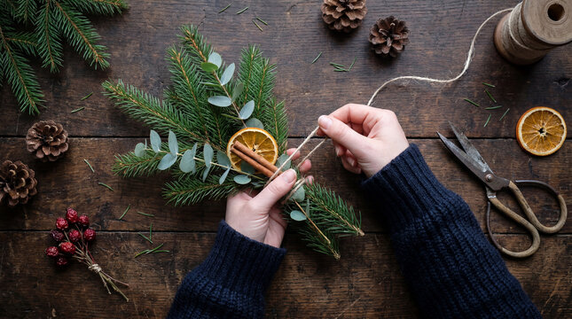 Hands creating natural Christmas decoration with evergreen branches and twine