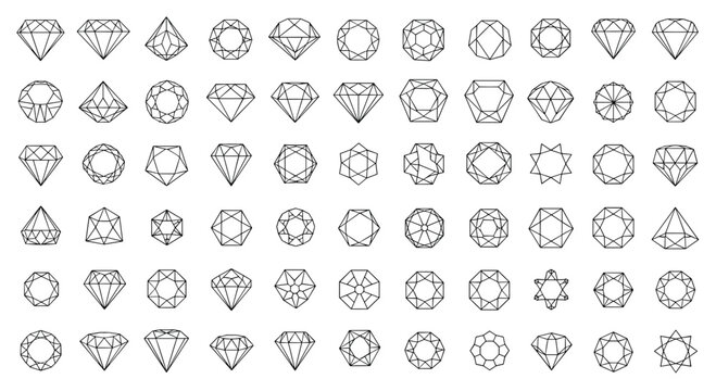 Large set of geometric line art symbols representing different diamond and gemstone cuts for jewelry design and luxury branding.