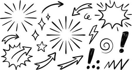 Hand drawn doodle elements set, black ink sketch arrows and sunbursts, comic style speech bubbles and stars, vector graphic design assets © Angel