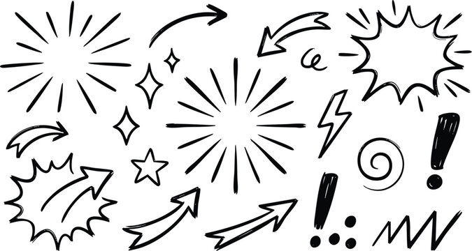 Hand drawn doodle elements set, black ink sketch arrows and sunbursts, comic style speech bubbles and stars, vector graphic design assets