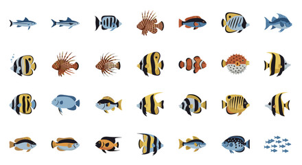 Fototapeta premium Collection of colorful tropical fish species showing various shapes and patterns isolated on a clean white background.