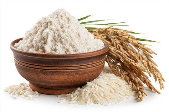 Rice Flour and Rice Grains isolated on white background