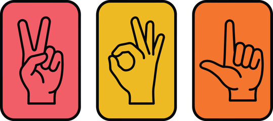 Fototapeta premium Retro hand gesture icons set, colorful line art hand signs for peace and okay, vintage style hand signals in pink yellow and orange frames