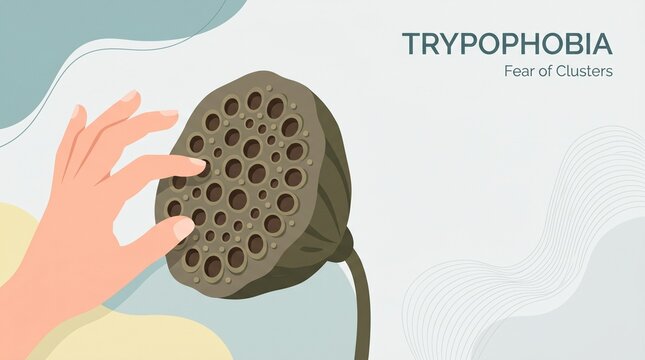 Trypophobia illustration with lotus seed pod and human hand flat design