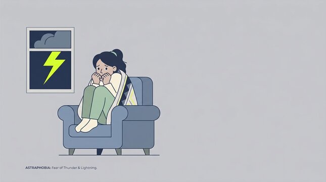 Flat design illustration of a young girl with astraphobia fearing a storm