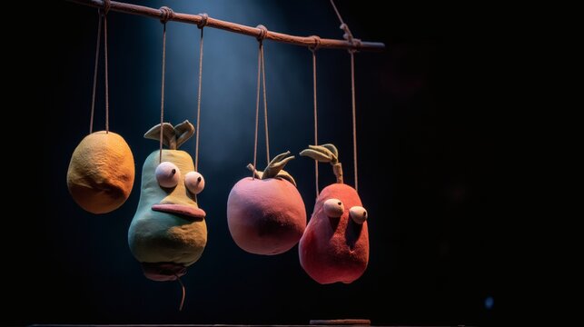 Four quirky, colorful, animated fruit puppets hang from a wooden branch