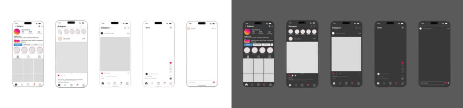 Instagram app ui ux light and dark mode Mockup Profile, post reels, feed, post, 