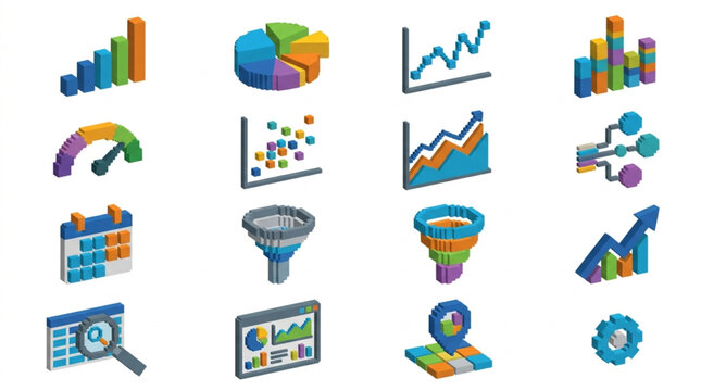 Collection of business and data analysis icons and charts.