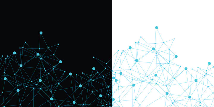 Abstract digital plexus network background with split black and white contrast, technology connection concept