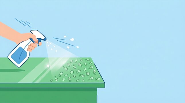 Vector illustration of hand spraying disinfectant to clean surface germs