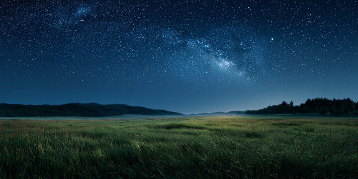 Wide Grassy Field at Night Under Bright Starry Sky