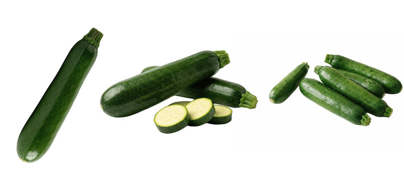 A Set of Zucchini PNG Green Squash Vegetables Isolated on White Background for Grilling, Stir Fry Recipes, Food Blogs and Healthy Cooking Design

