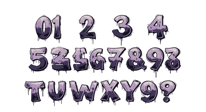 Set of numbers and letters in a purple graffiti font with spray paint drips for urban street art themed posters and graphic designs.
