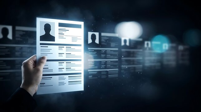 Hand holding a resume document with candidate profiles displayed on a digital interface for job recruitment and talent selection.