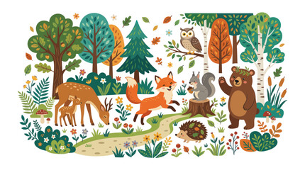 Charming Forest Animals and Autumn Scenery Illustration © Ardhyapananisedu