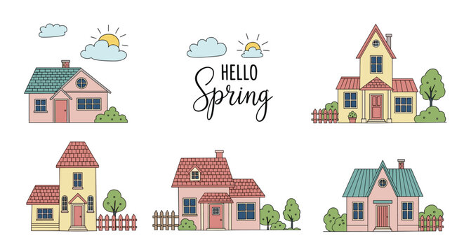 Charming set of cartoon houses with trees and clouds under a bright sun with the welcoming text hello spring.