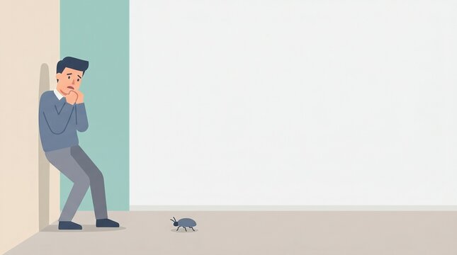 Man with insect phobia cowering in fear from a small bug