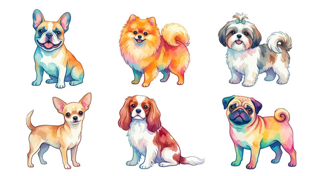 Cute Watercolor Dog Breeds Collection: French Bulldog, Pomeranian, Shih Tzu, Chihuahua, Cavalier, Pug