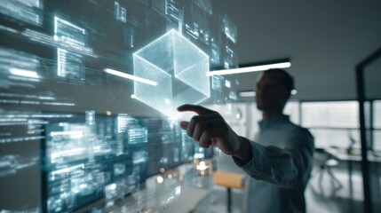 Obraz premium Man interacts with digital cube technology