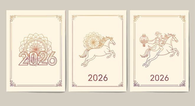 Three elegant greeting card designs for chinese new year two thousand twenty six featuring horses and mandalas.