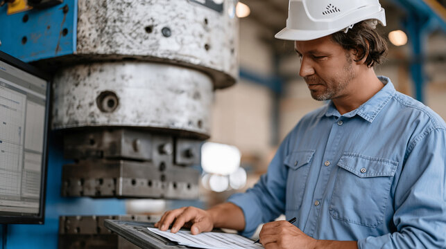 Statistical process control technician plotting control chart results on industrial monitor beside stamping press, quality inspection career, overcast factory floor lighting,