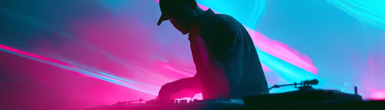 DJ performing with vibrant light effects.