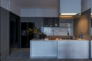 Luxury Modern Kitchen Interior with Marble Island and Neoclassical Wall Molding in Dim Lighting © Dulal
