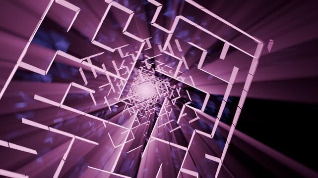 Neon cyber tunnel in infinite loop, 3D-rendered with strong color contrasts and mirrored surfaces, evoking a sense of high-speed futuristic flight.

