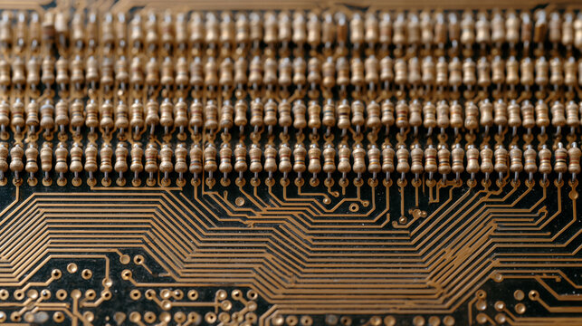 Overhead macro view of vintage computer motherboard with densely packed resistor grid and copper trace pathways, nostalgic technology flat lay ideal for retro computing editorial,