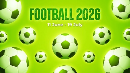 Obraz premium Multiple Soccer Balls on Green Background with Football 2026 Text