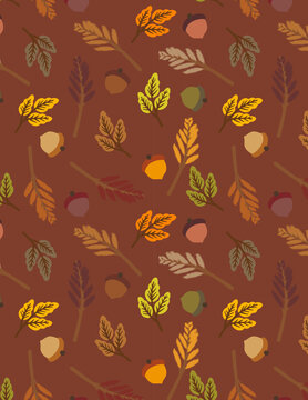 Seamless autumn botanical pattern with acorns and fall leaves on dark brown background flat vector