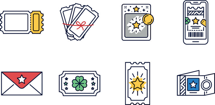 Lottery Ticket and Event Admission Raffle Icon Set with Scratch Card Lucky Clover Smartphone Ticket and Gift Envelope Symbols for Entertainment Websites and Apps