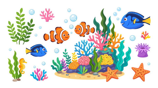 Vibrant tropical fish swim around colorful coral reef ecosystem underwater