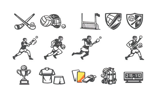 Collection of hurling sports icons featuring hockey sticks ball helmet goalkeeper gear player in action trophy uniform referee whistle and match timer sign for field hockey gaelic sport tournament.