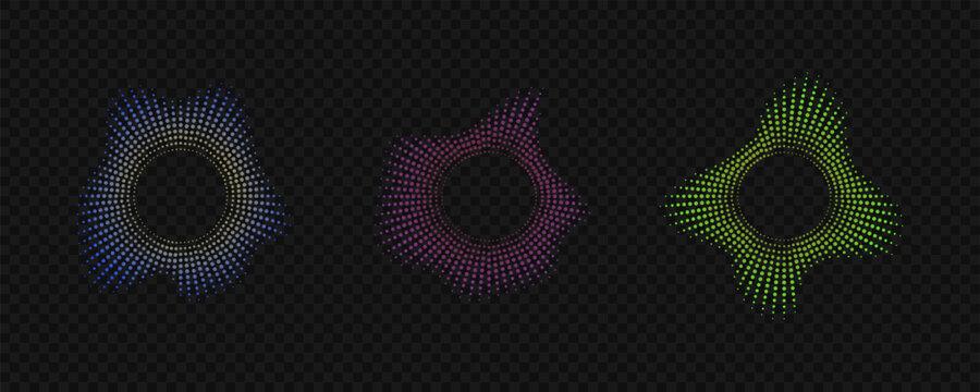Set of circular sound waves, digital audio equalizer, abstract music visualization, dotted radial waveform elements. Vector illustration