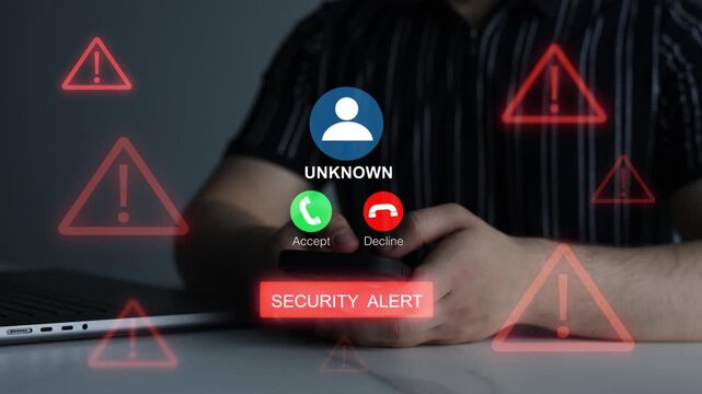 Man holding smartphone with scam call alert and cybersecurity warning on screen, concept of digital fraud protection, phishing risk, online privacy, suspicious caller and mobile security.	