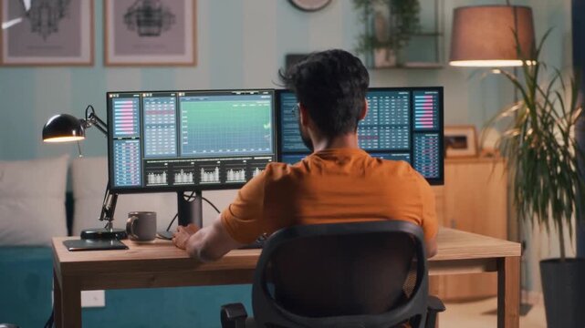 Stock market investor monitors digital charts and candlestick patterns on financial interface. PC laptop computer displays trading statistics, data investment. financial graph analyst. Crypto Bitcoin