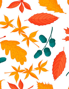 Seamless flat vector pattern of colorful autumn leaves and teal acorns on white background