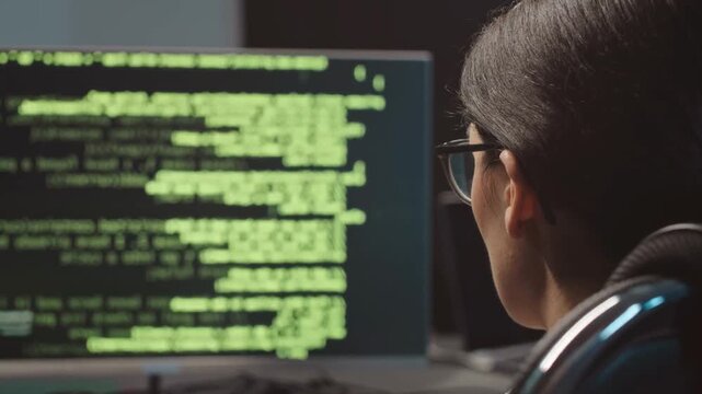 IT Specialist programmer Work Computer laptop, Screen Showing Data AI Analysis hack. Code network programming. Web Service, Machine Learning, Breaching System, Cyber Hacker. Tech Center Server Control