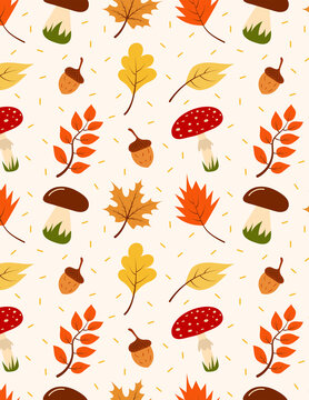 Cute seamless autumn pattern with amanita mushrooms, porcini, acorns and fall leaves on cream background